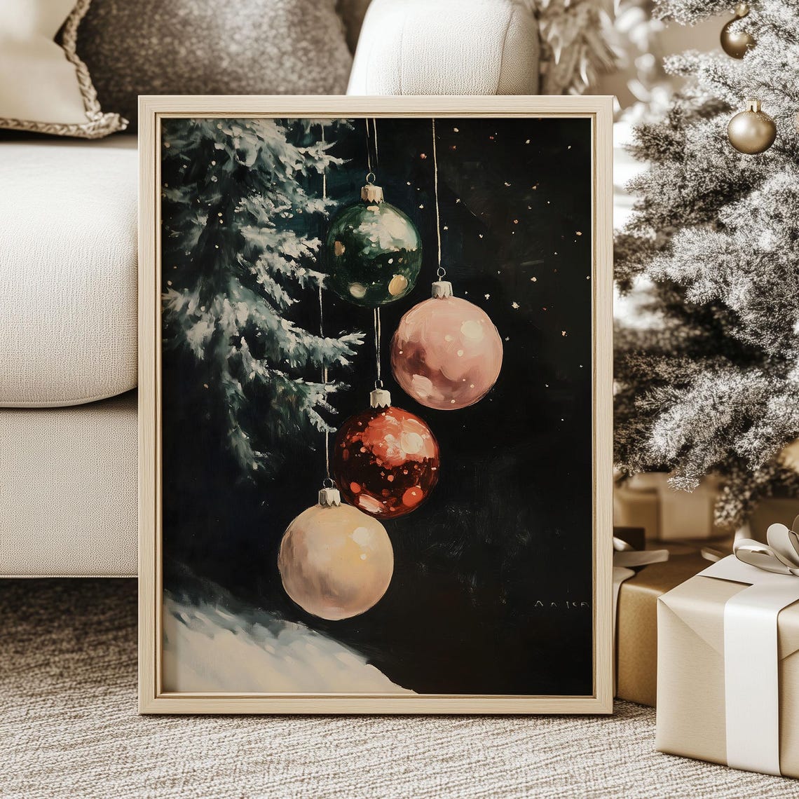 Glass Christmas Ornaments on Pine Branch Moody Night Painting Poster