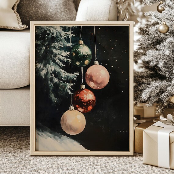 Moody Bulb Ornaments Print Winter Eve Christmas Tree Ball Decor Poster Holiday Season Gallery Artwork Vintage Cottagecore Oil Painting