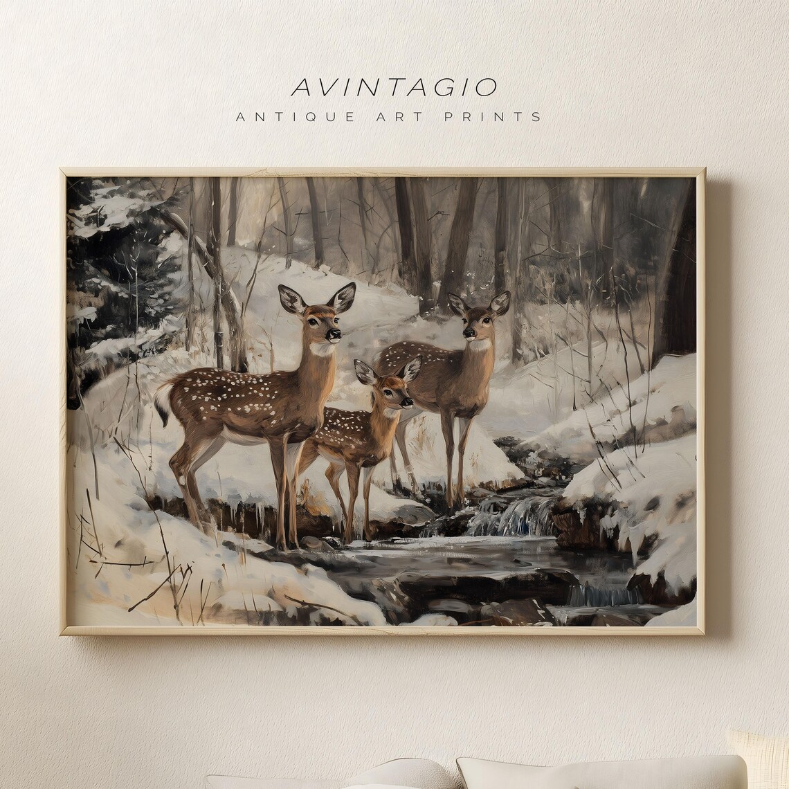 Three Deer at a Snowy Woodland Stream Antique Style Painting Poster