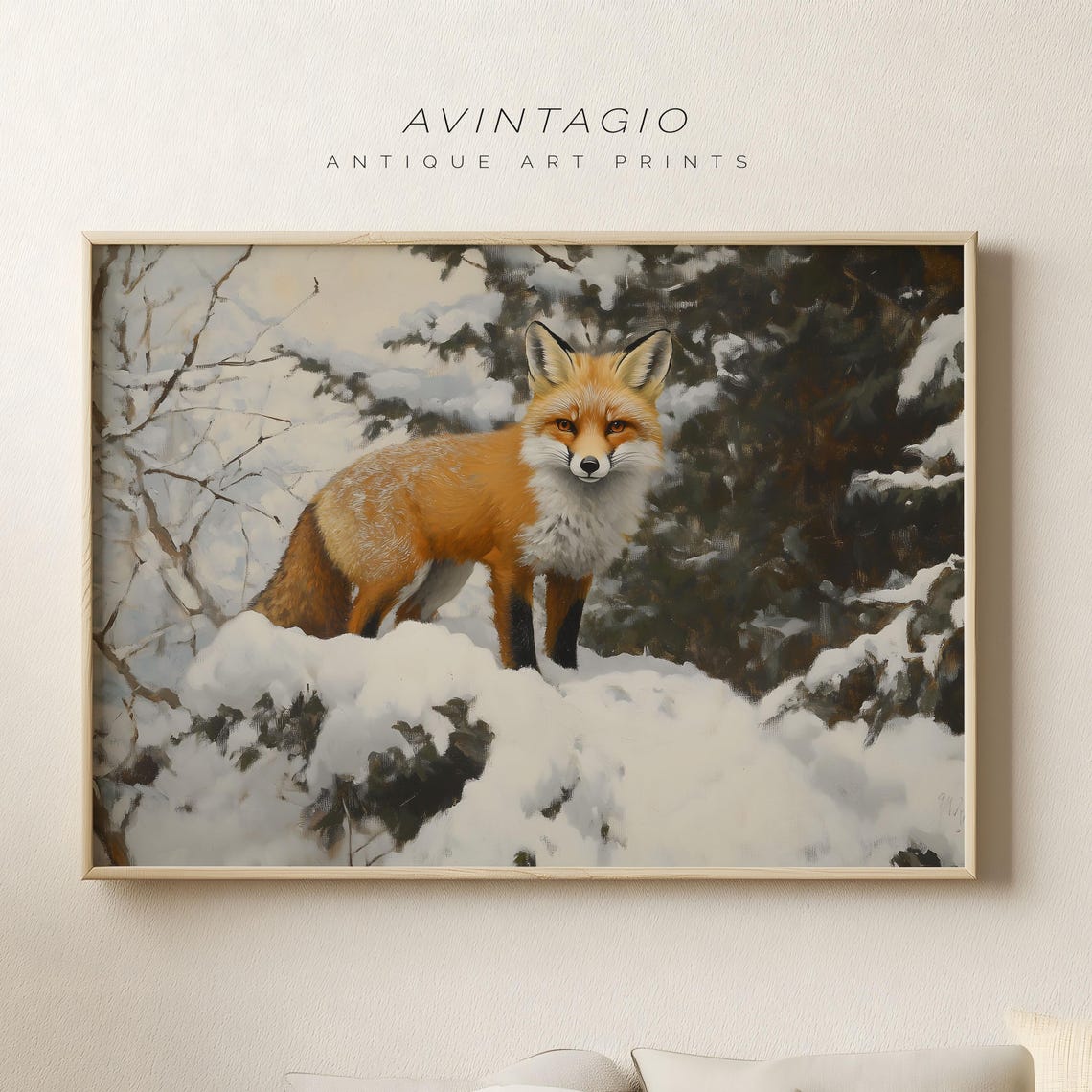 Red Fox Standing in Snowy Pine Forest Vintage Wildlife Painting Poster