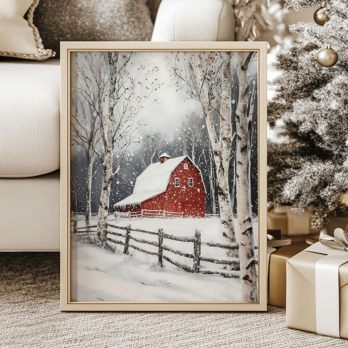 Winter Farmhouse Print White Christmas Barn Print Antique Snowy Landscape Oil Painting Winter Wonderland Wall Gallery Cottagecore Poster