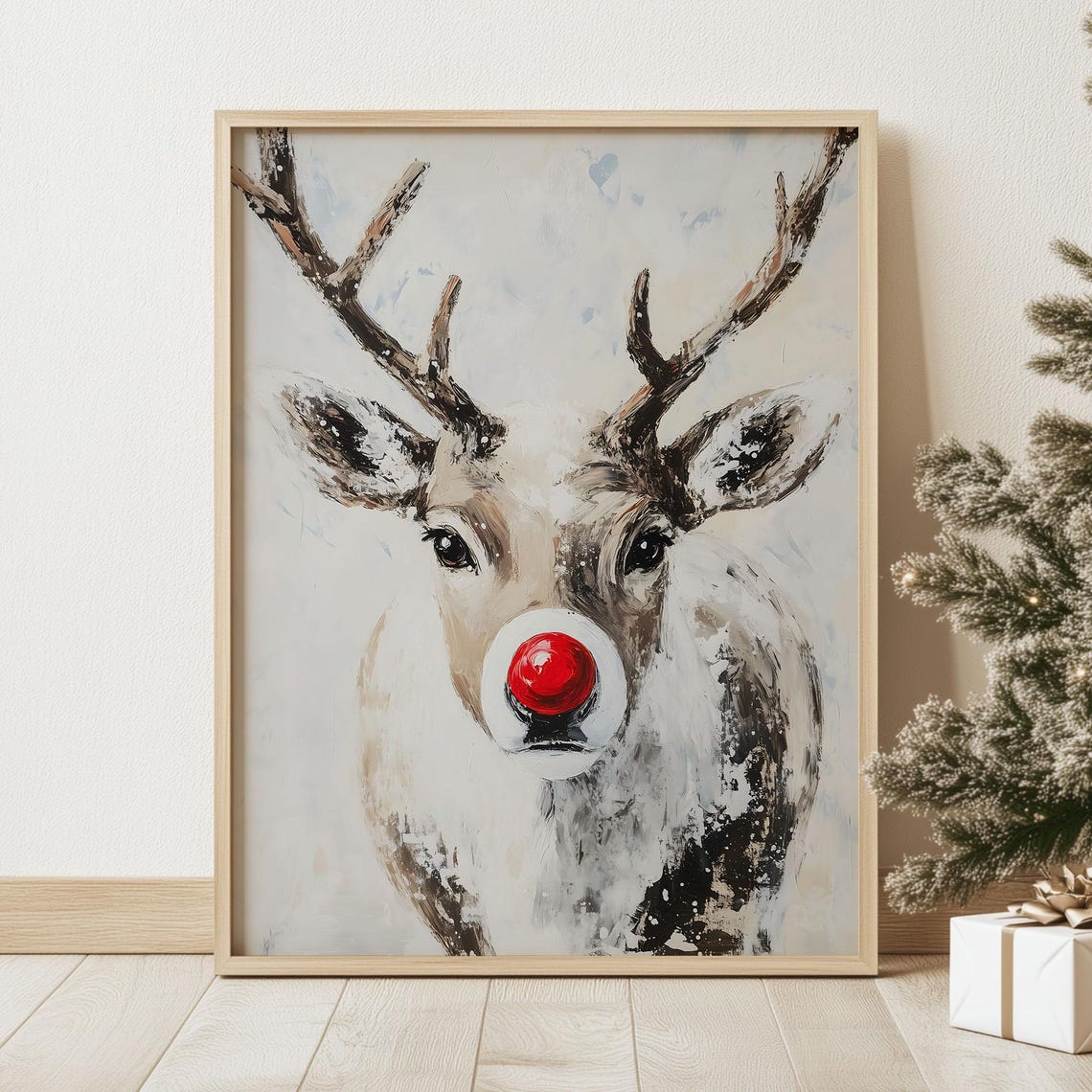 Red Nose Reindeer Print Antique Christmas Poster Muted Holiday Season Gallery Art Vintage White Winter Painting Moody Cottagecore Art - Image 2