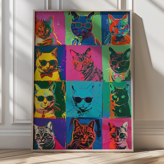 Pop Art Cat Portrait Grid Twelve Colorful Feline Faces Poster