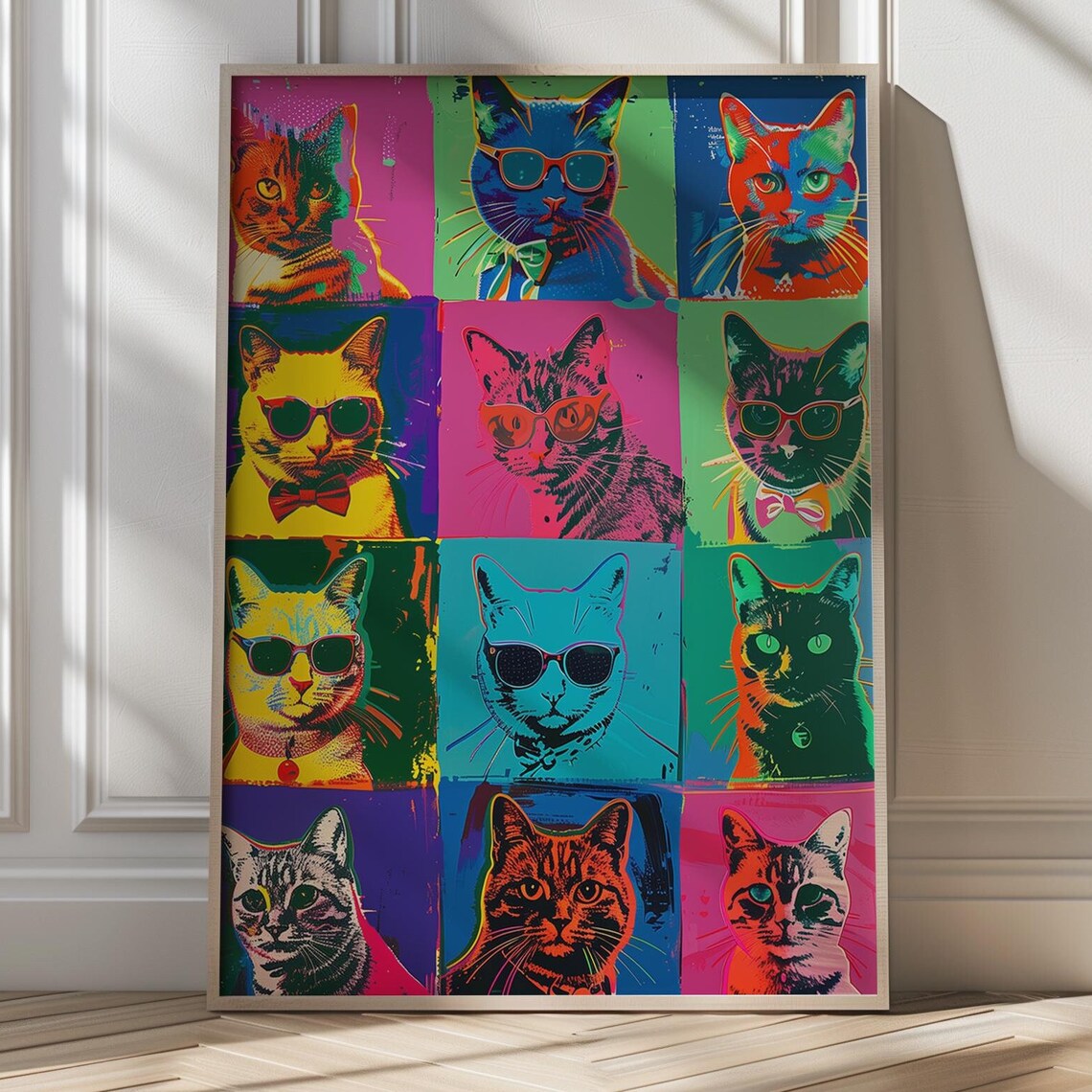 Pop Art Cat Portrait Grid Twelve Colorful Feline Faces Poster