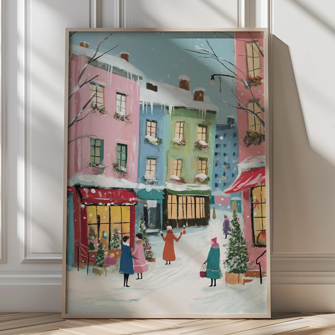 Pastel Winter Shopping Street With Colorful Buildings Poster