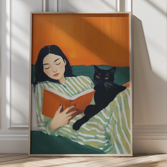 Woman Reading In Bed With Black Cat Cozy Book Lover Art Poster
