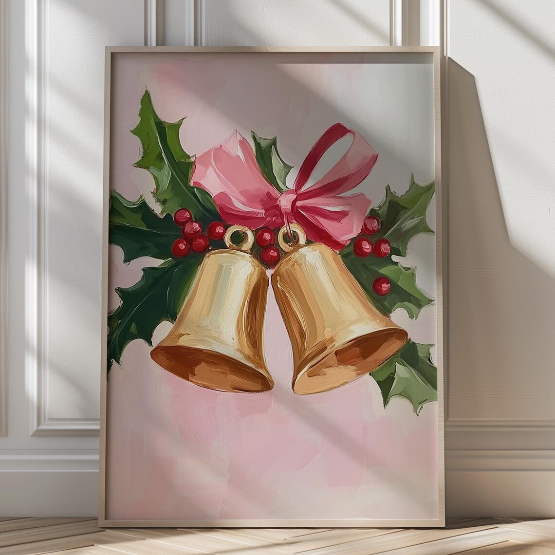 Golden Christmas Bells With Pink Bow And Holly Leaves Poster