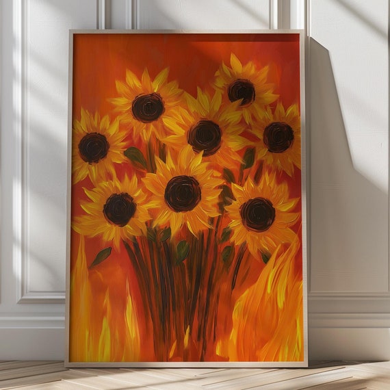 Fiery Sunflowers Print Bold Sunflower Wall Decor Vibrant Yellow And Orange Floral Artwork Maximalist Sunflower Illustration Dopamine Decor