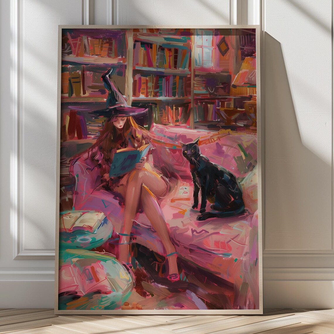Witch Reading In A Pink Library With Black Cat Cozy Halloween Poster