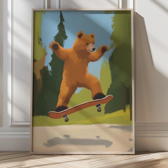 Brown Bear Riding Skateboard in Forest Playful Kids Art Poster