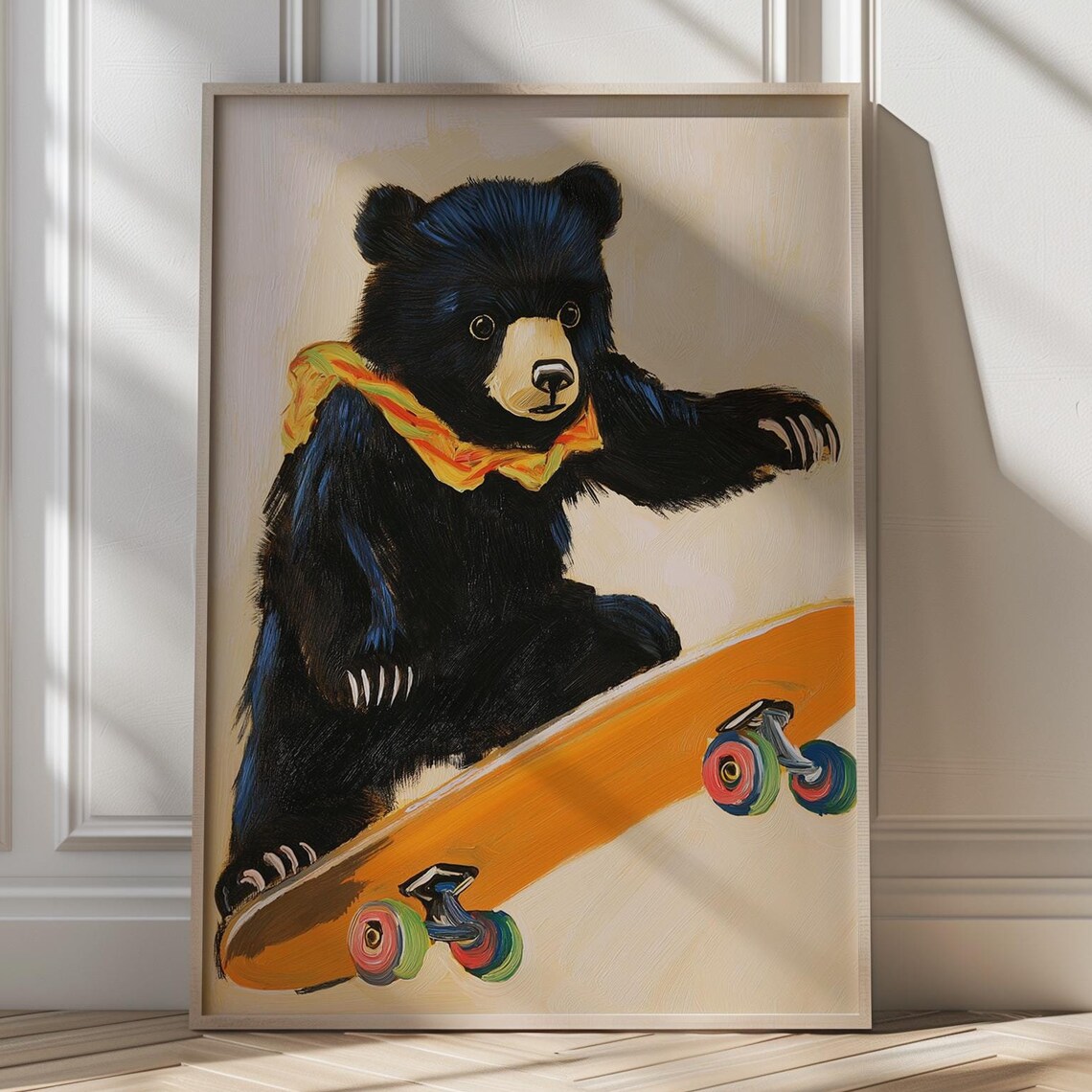 Black Bear Cub on Orange Skateboard Playful Kids Room Art Poster
