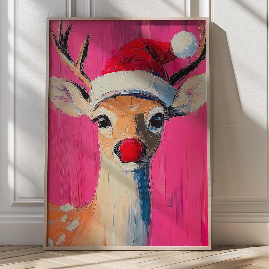 Red Nose Reindeer Wearing Santa Hat on Bold Pink Holiday Poster