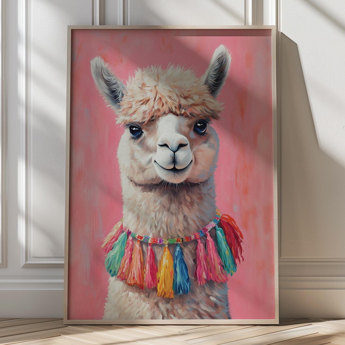 Smiling Alpaca with Colorful Tassel Necklace Boho Animal Poster