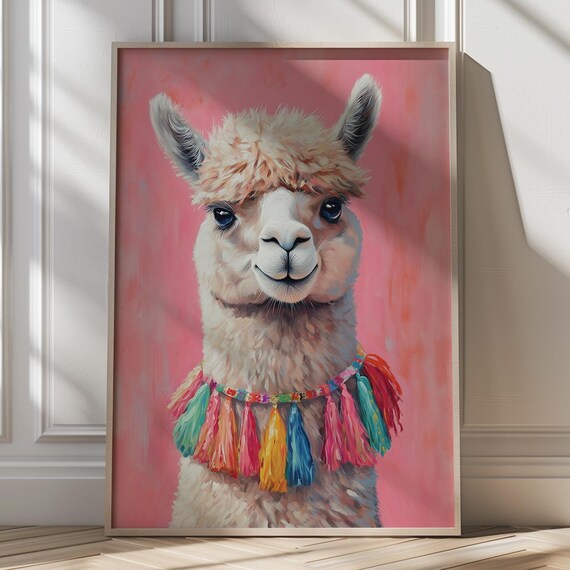 Smiling Alpaca with Colorful Tassel Necklace Boho Animal Poster