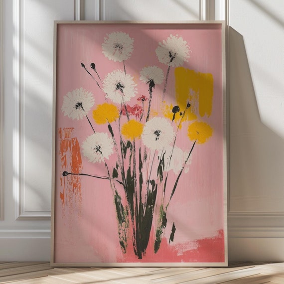 Abstract Dandelion Art Pink And Yellow Floral Wall Decor Modern Flower Painting Bold Maximalist Home Art Colorful Floral Print Botanical Art