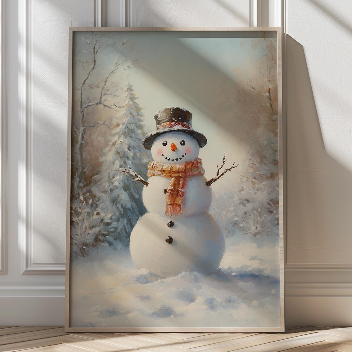 Smiling Snowman With Top Hat And Plaid Scarf In Forest Poster