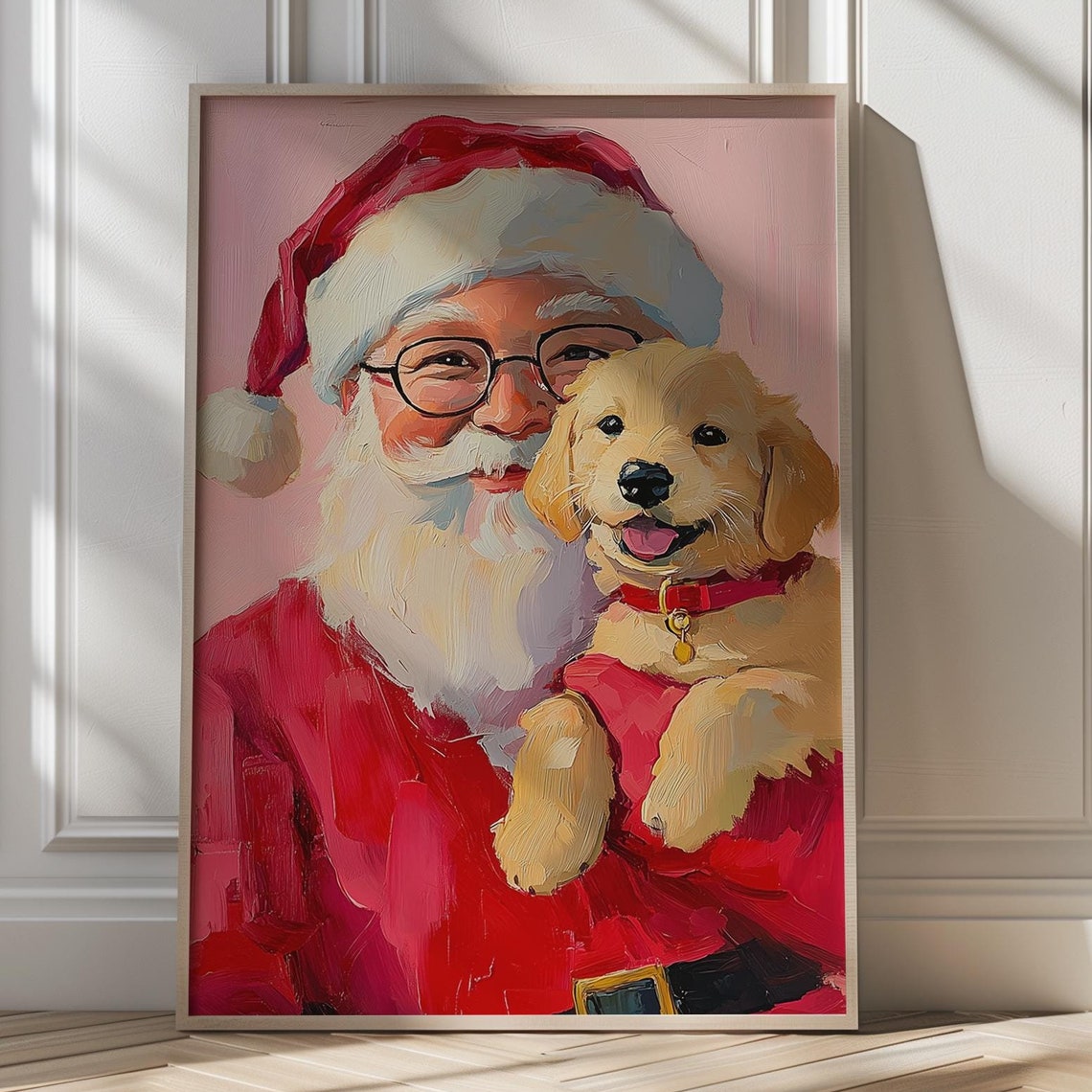 Santa With Golden Puppy Art Poster Pink Christmas Holiday Wall Decor