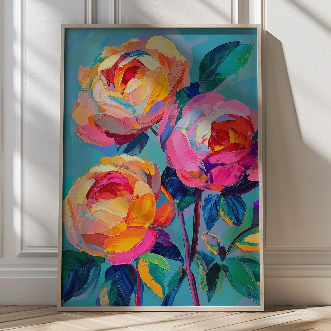 Bold Abstract Roses Art Poster Pink Orange Floral Impasto Wall Decor