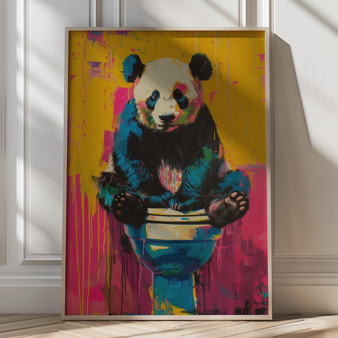 Bright Colorful Panda Sitting on a Toilet Quirky Pop Art Poster