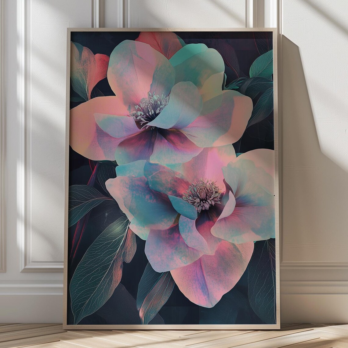 Iridescent Pink Teal Floral Blossom Dreamy Dark Botanical Poster