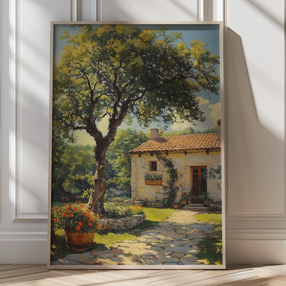 Rustic Stone Cottage with Ancient Oak Tree Summer Garden Poster
