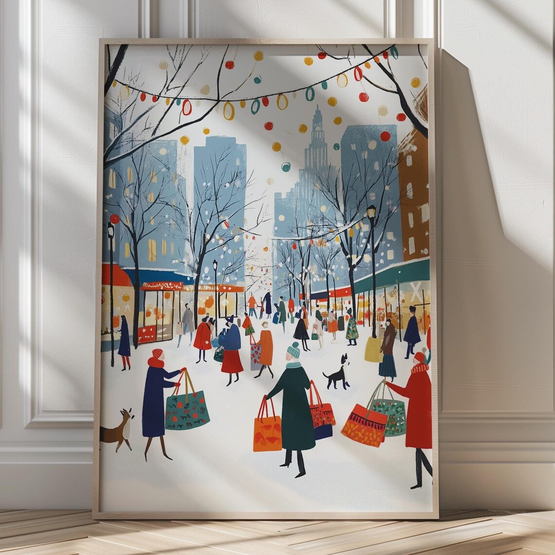 Christmas Hustle And Bustle Art Print Festive City Scene Holiday Shopping Decor Winter Wonderland Wall Art Vibrant Christmas Market Decor