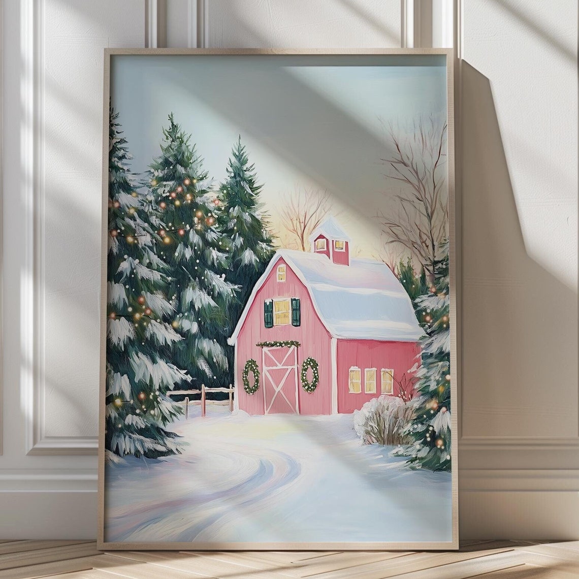 Cozy Pink Barn With Christmas Wreaths In Fresh Winter Snow Poster