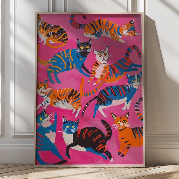 Cute Cats Maximalist Art Print, Bold Colorful Decor