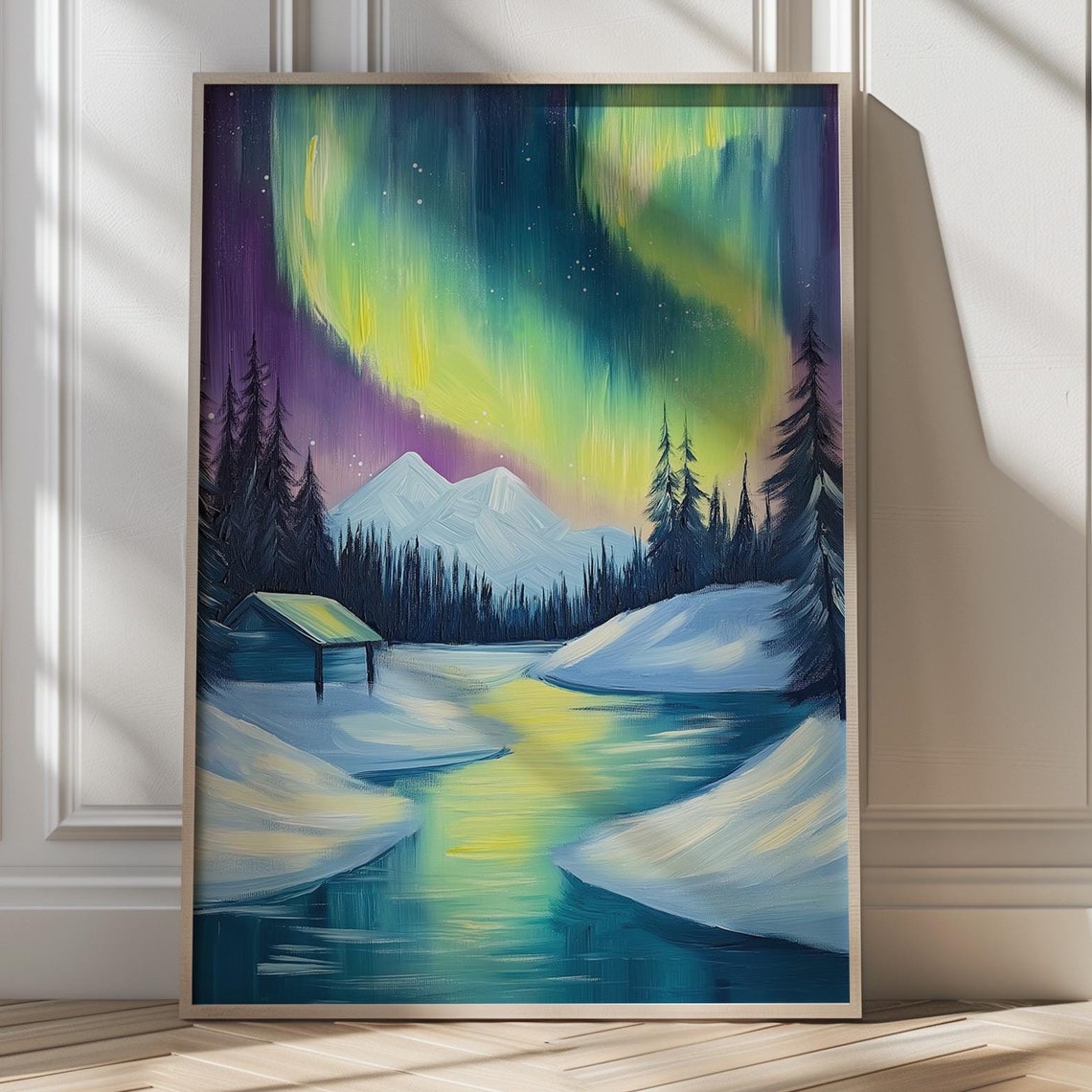 Northern Lights Over A Snowy River Aurora Winter Night Art Poster
