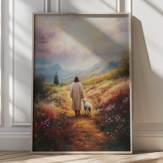 Jesus Walking With a Sheep on a Wildflower Mountain Path Poster