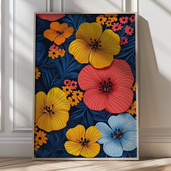 Colorful Floral Art Print Vibrant Flower Wall Decor Botanical Art Trendy Wall Art Bold Flower Painting Unique Floral Art Boho Retro Poster