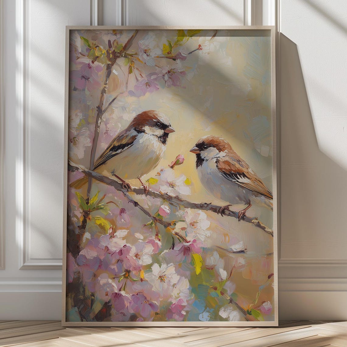 Two Sparrows on Cherry Blossom Branch Spring Bird Art Poster