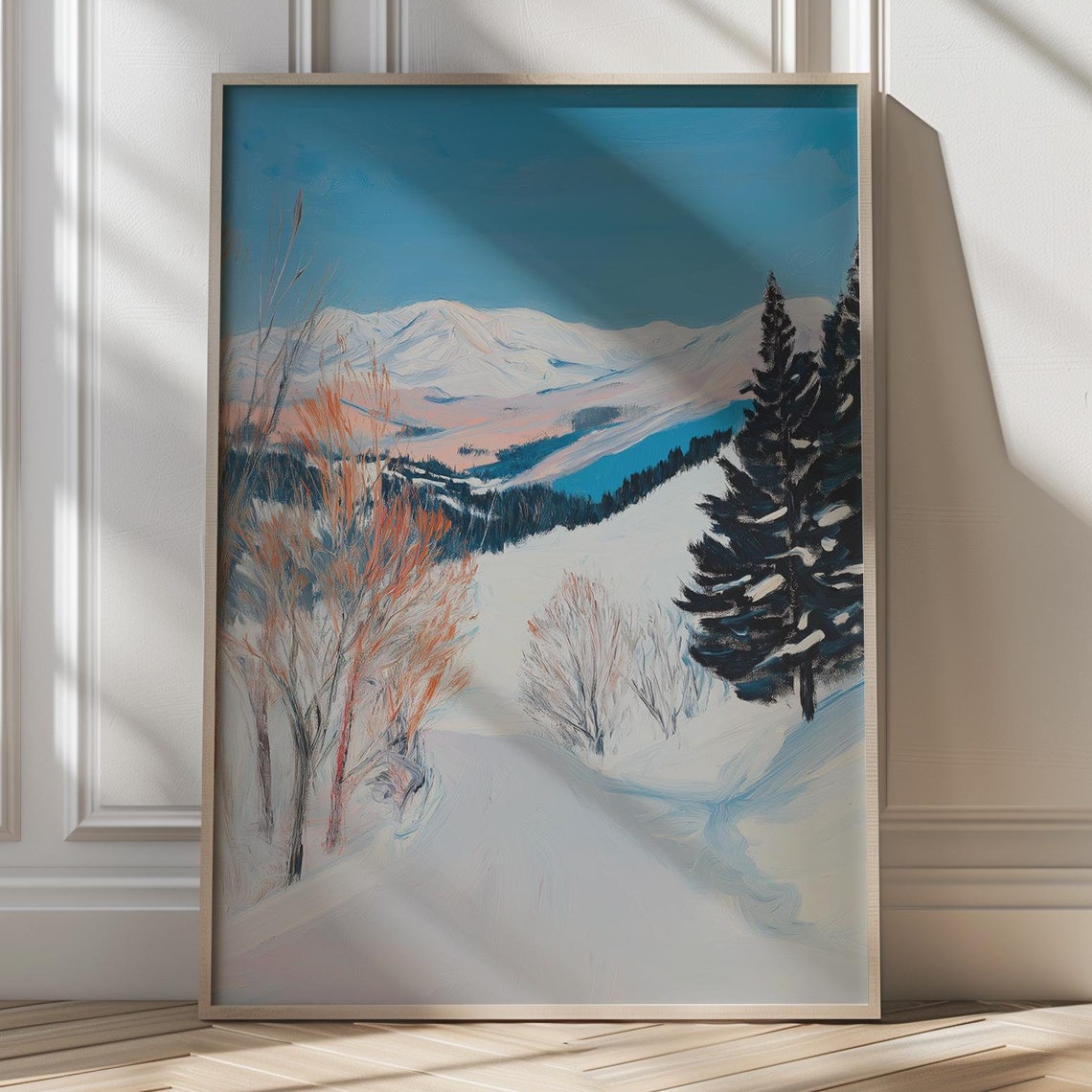 Serene Snowy Mountain Landscape with Birch Trees Calm Art Poster