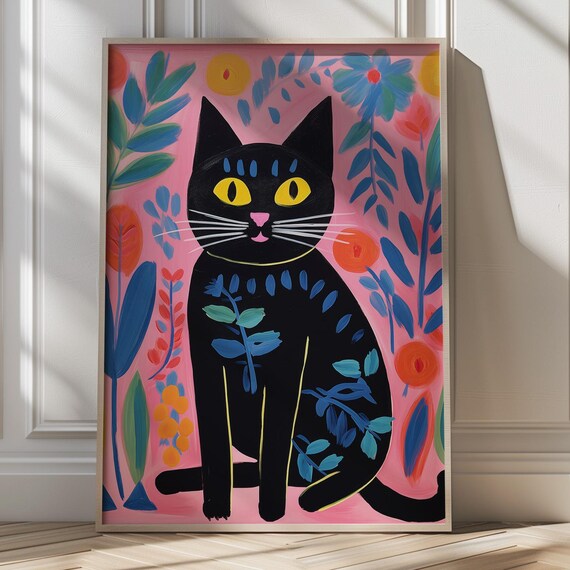 Playful Black Cat with Yellow Eyes Pink Floral Folk Art Poster