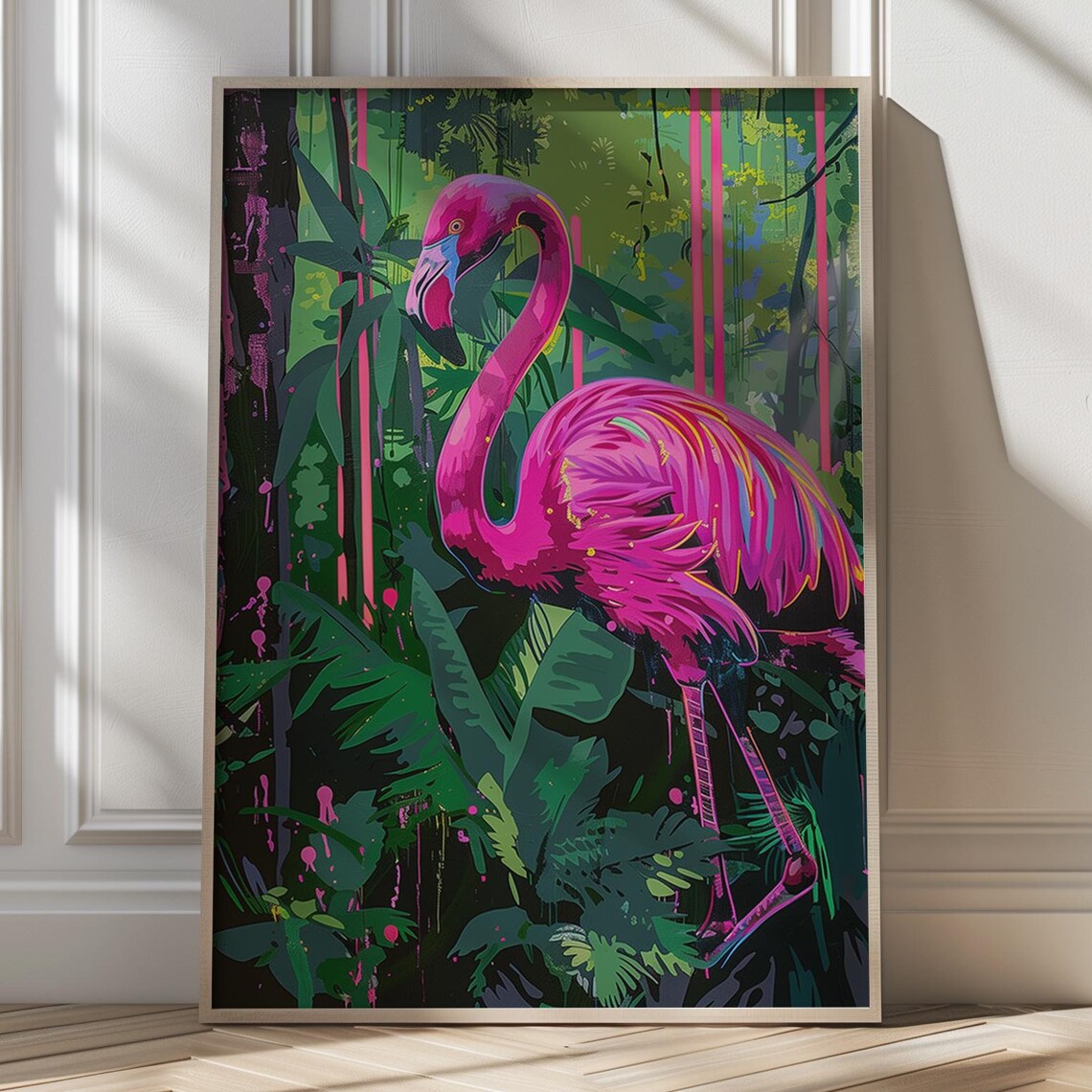 Neon Pink Flamingo in a Lush Tropical Jungle Maximalist Poster