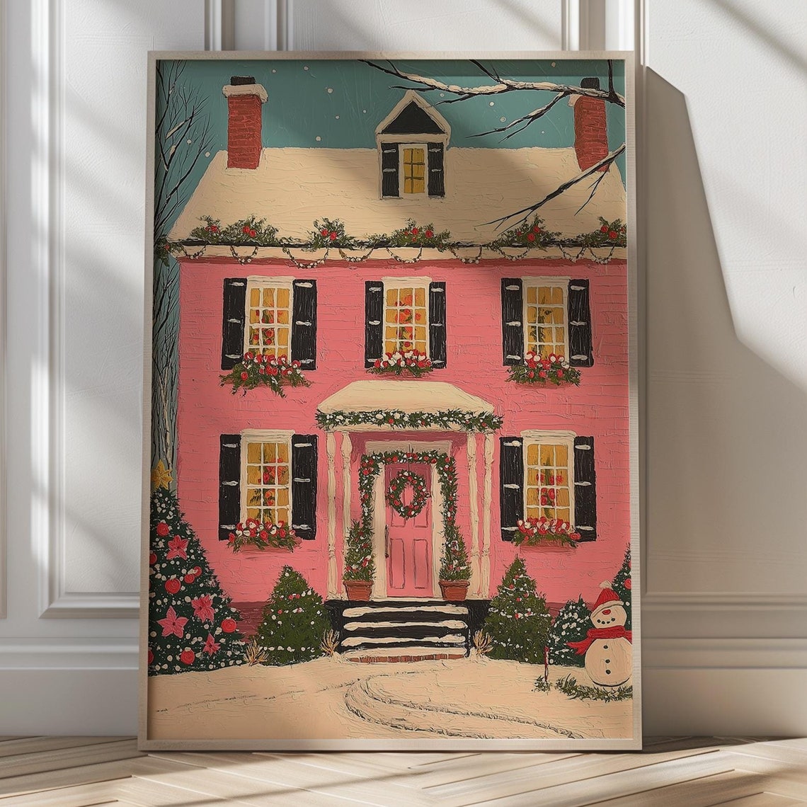 Pink Christmas House With Wreath Snowman And Garland Decor Poster