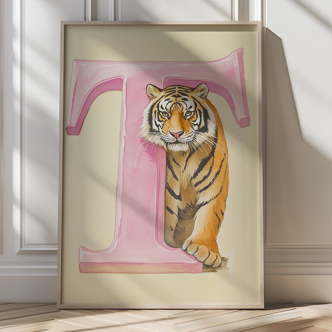 Tiger Letter T Pastel Nursery Art Poster for Kids Room Wall Decor