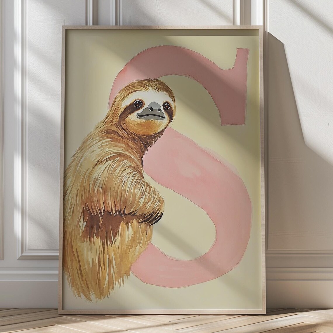 Sloth Letter S Pastel Nursery Art Poster for Kids Room Wall Decor