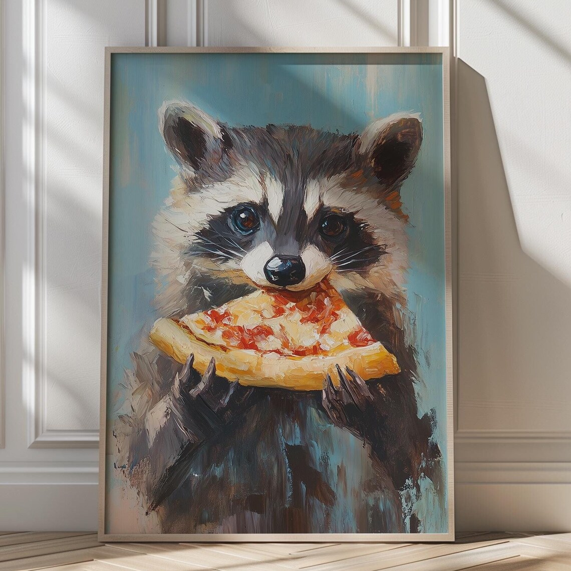 Cute Raccoon Eating Pizza Slice Funny Quirky Animal Wall Poster