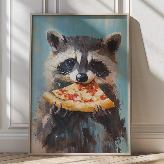 Cute Raccoon Eating Pizza Slice Funny Quirky Animal Wall Poster