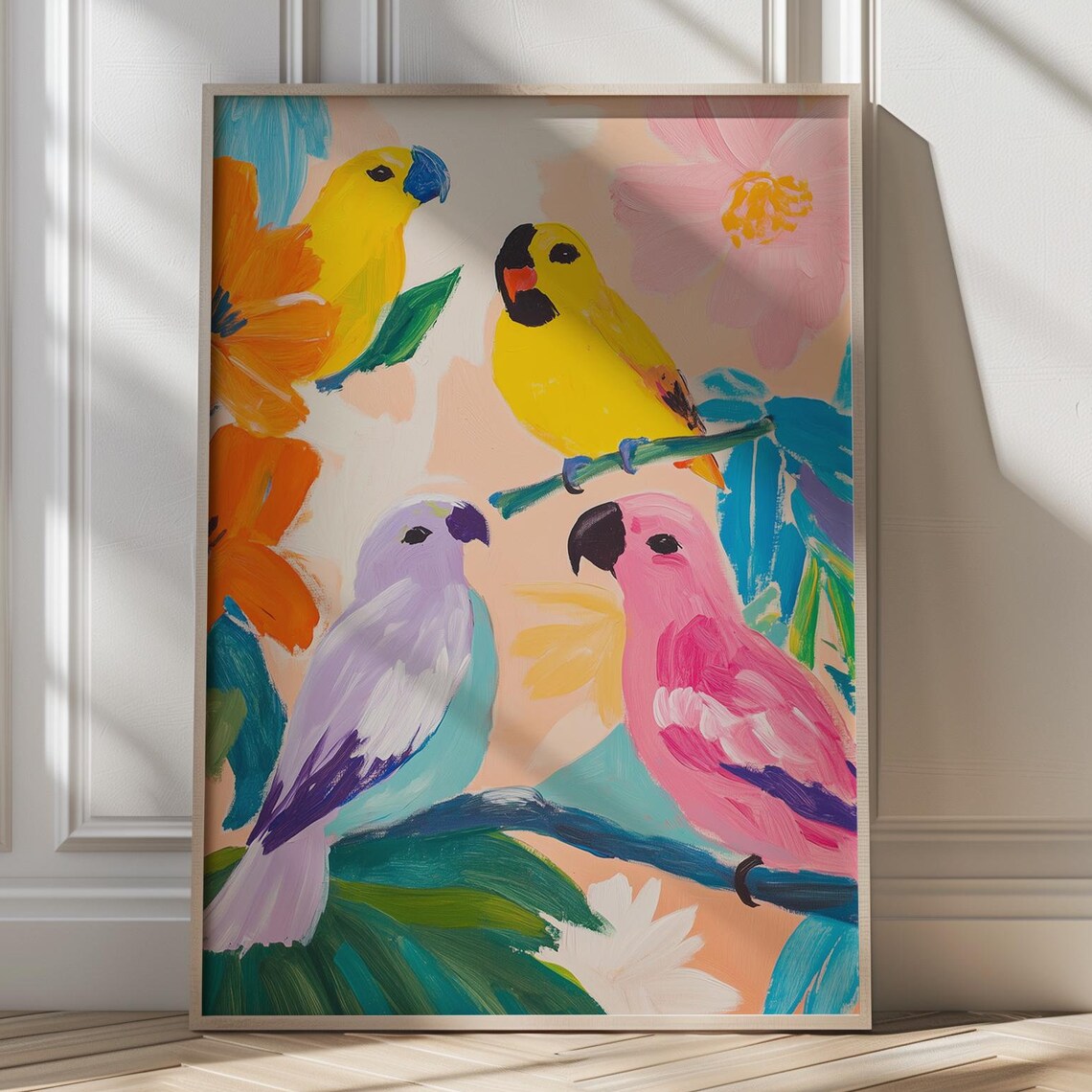 Four Colorful Tropical Parrots Paradise Birds Vibrant Art Poster