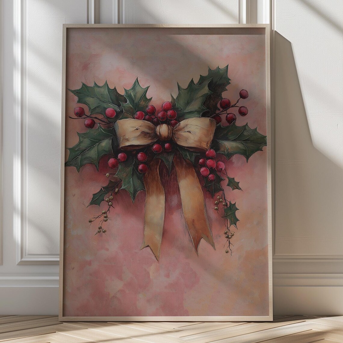 Holly Berries With Gold Ribbon Bow Blush Christmas Art Poster