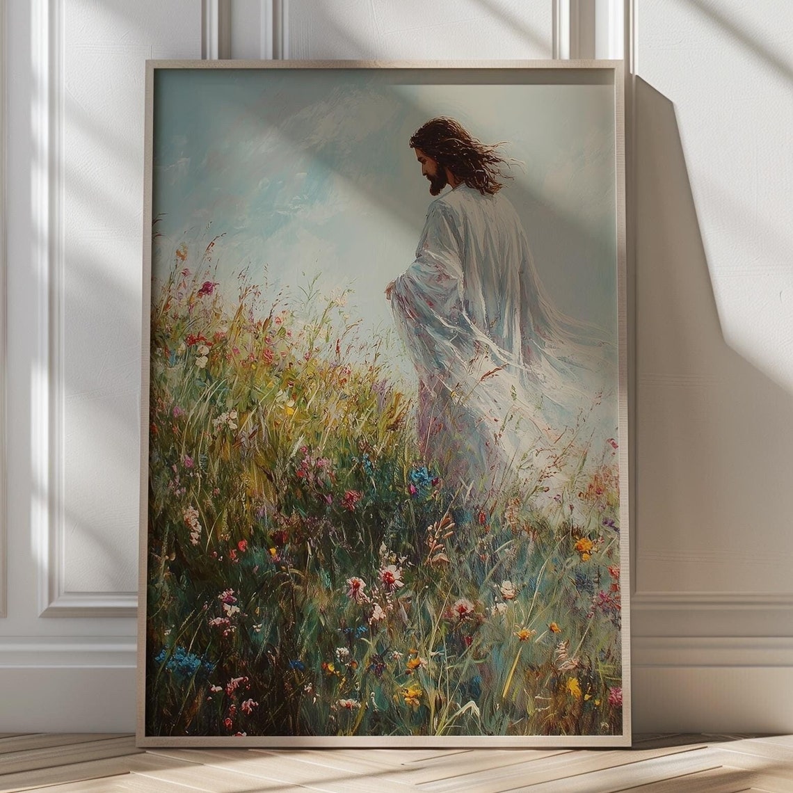 Jesus Walking Through Wildflowers in a Flowing White Robe Poster
