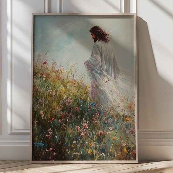 Jesus Walking Through Wildflowers in a Flowing White Robe Poster