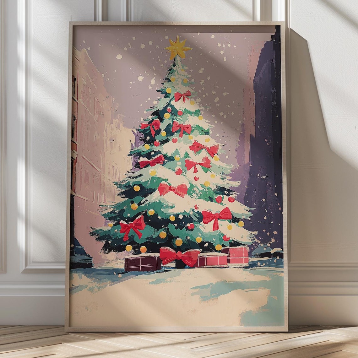 Snowy City Christmas Tree With Big Red Bows Winter Night Poster