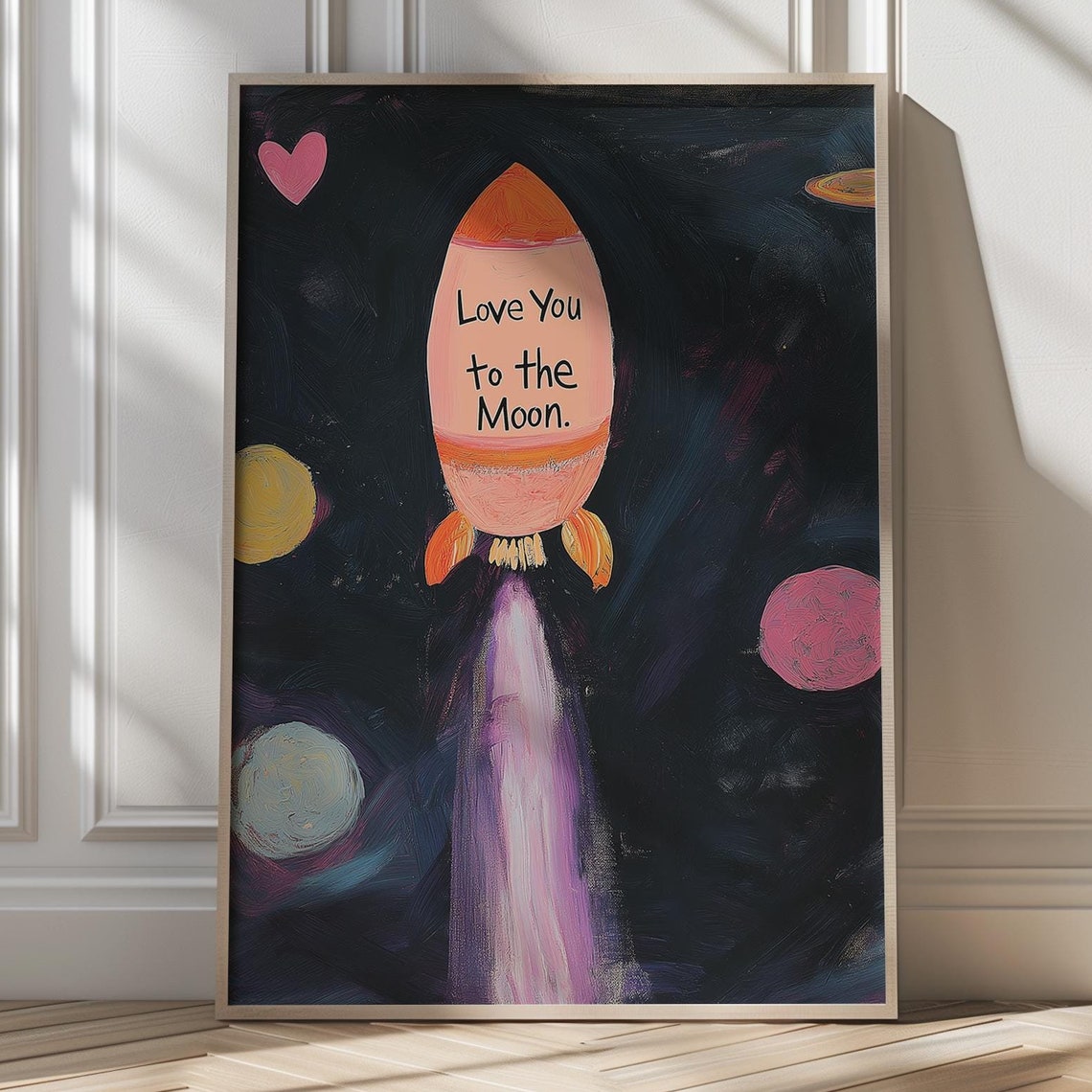 Love You To The Moon Cute Rocket Space Kids Room Wall Poster