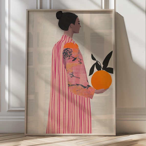 Minimalist Woman With Orange Modern Figurative Art Print Boho Wall Art Nature Inspired Home Decor Kitchen Wall Decor Trendy Bar Cart Art