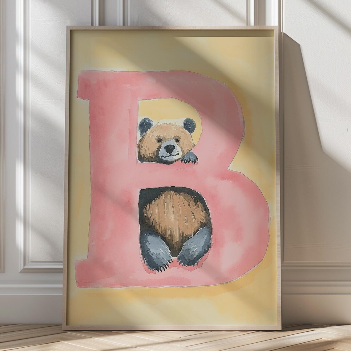 Brown Bear Letter B Pastel Nursery Art Poster for Baby Room Decor