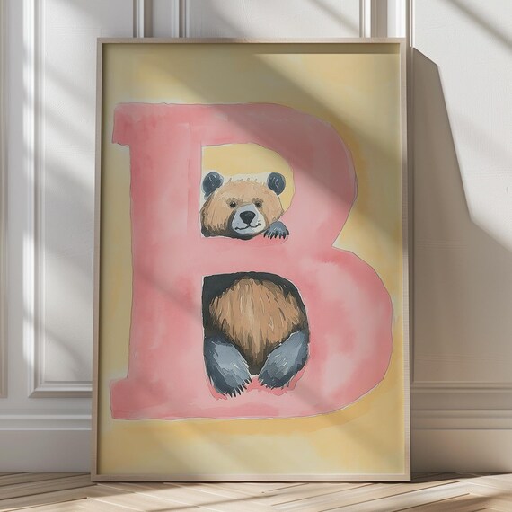 Brown Bear Letter B Pastel Nursery Art Poster for Baby Room Decor