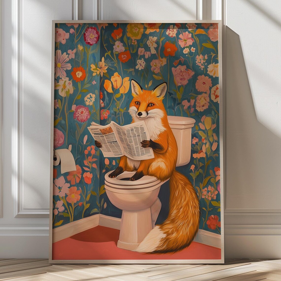 Red Fox Reading The Newspaper On The Toilet Funny Bathroom Decor Art Poster